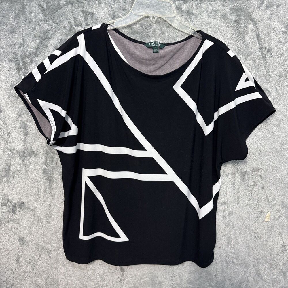 Lauren Ralph Lauren Lg Black White Graphic Blouse READ